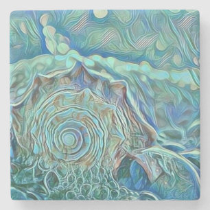 Blue seashell in the foaming sea painting stone coaster