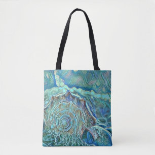 Blue seashell in the foaming sea painting tote bag