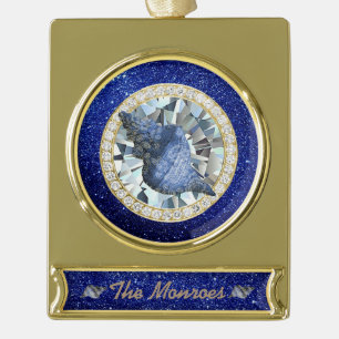 Blue Seashell Jewel Blue Faux Glitter Gold Plated Banner Ornament