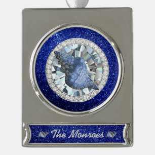 Blue Seashell Jewel Blue Faux Glitter Silver Plated Banner Ornament
