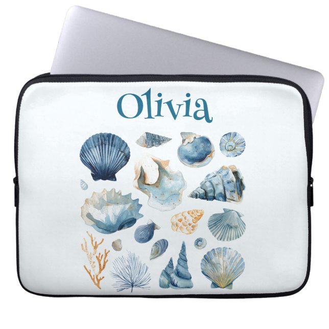 Blue Seashell Laptop Sleeve | Custom Name (Front)