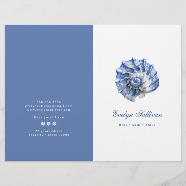 Blue seashell logo service menu brochure (Front)