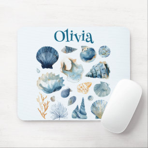 Blue Seashell Mouse Pad Custom Name