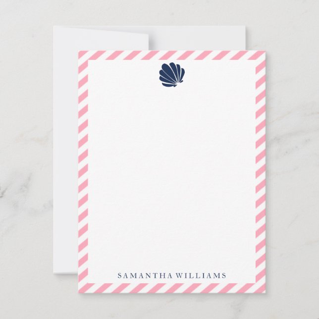 Blue Seashell on Pink Stripes Thank You Notes Invitation (Front)