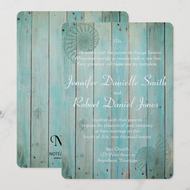 Blue Seashell on Wood Beach Wedding Invitation (Front/Back)