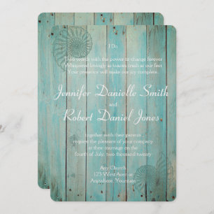 Blue Seashell on Wood Beach Wedding Invitation
