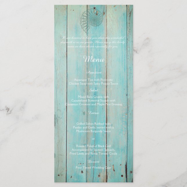 Blue Seashell on Wood Beach Wedding Menu (Front)