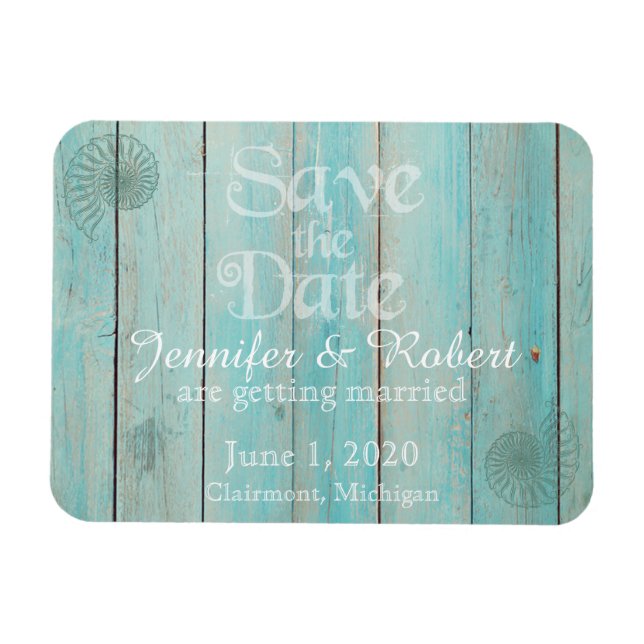 Blue Seashell on Wood Beach Wedding Save the Date Magnet (Horizontal)
