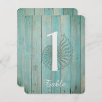 Blue Seashell on Wood Beach Wedding Table Number