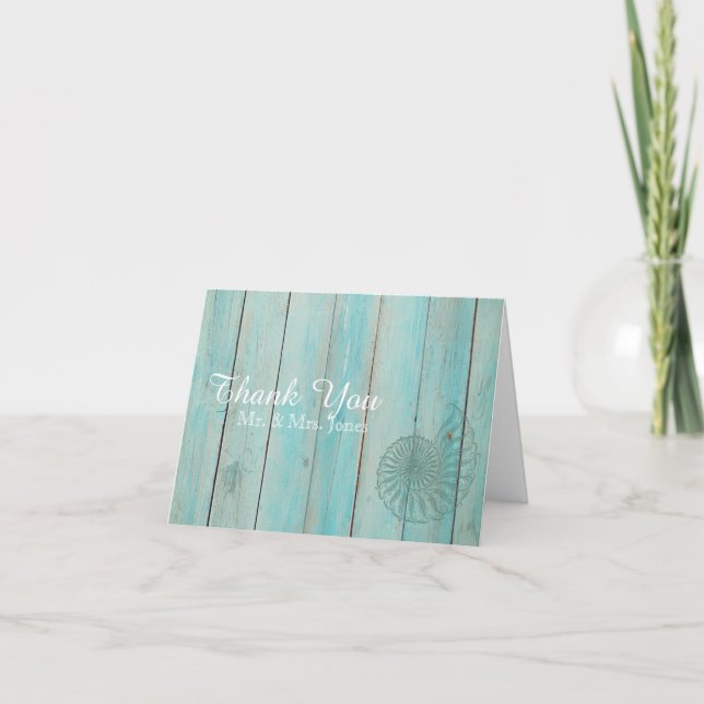 Blue Seashell on Wood Beach Wedding Thank You Card (Front)