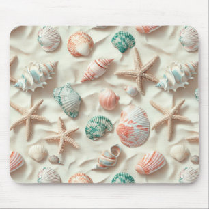 Blue Seashell Peach Coral Beach Cottage Mouse Mat