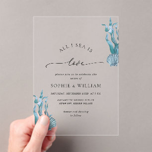 Blue Seashell Sea Ocean Nautical Coastal Wedding Acrylic Invitations