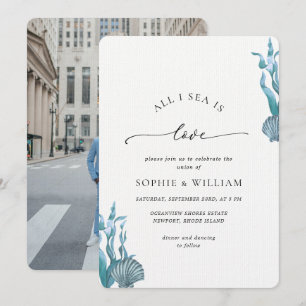 Blue Seashell Sea Ocean Nautical Coastal Wedding Invitation