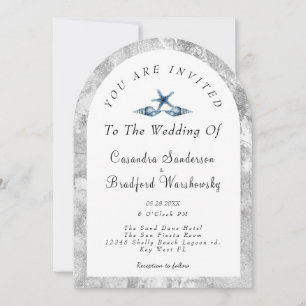 Blue Seashell Silver Gray Watercolor Beach Wedding Invitation
