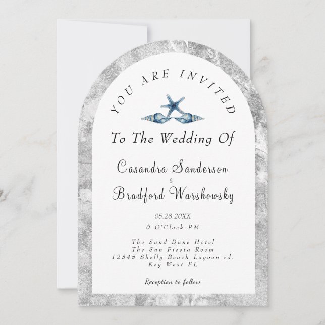 Blue Seashell Silver Grey Watercolor Beach Wedding Invitation (Front)