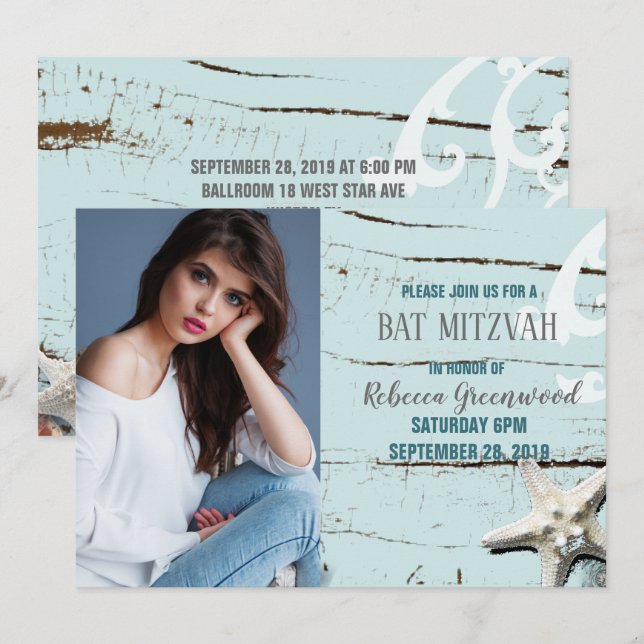 blue seashell starfish beach BAT MITZVAH photo Invitation (Front/Back)