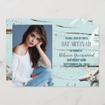 blue seashell starfish beach BAT MITZVAH photo Invitation<br><div class="desc">aqua blue seashell starfish beach BAT MITZVAH party invitations. photo BAT MITZVAH invitations and chic BAT MITZVAH photo cards.</div>