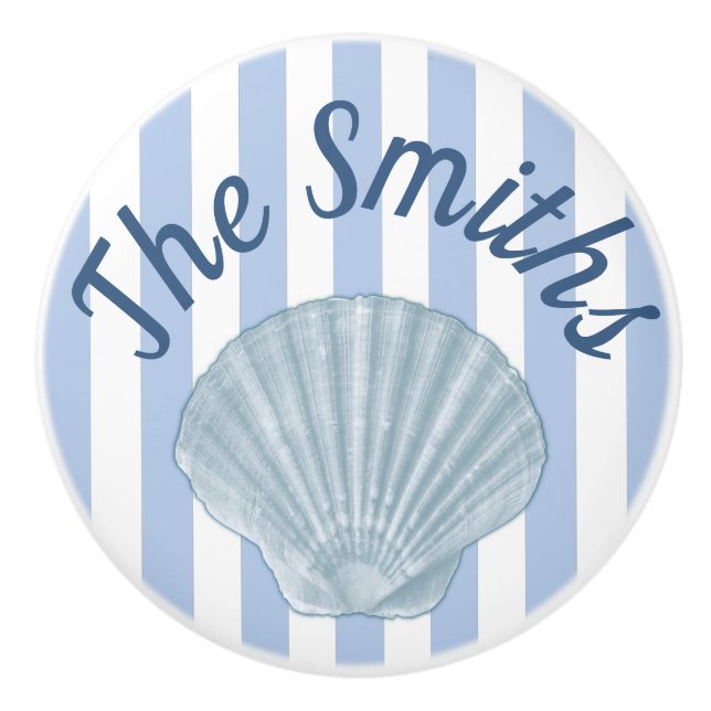 Blue Seashell & Stripes Ceramic Knob (Front)