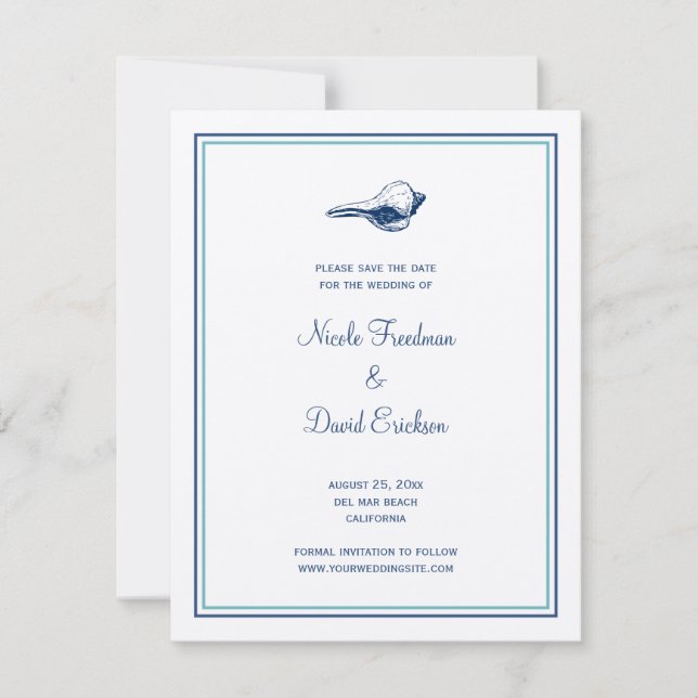 Blue seashell wedding announcement save the date (Front)