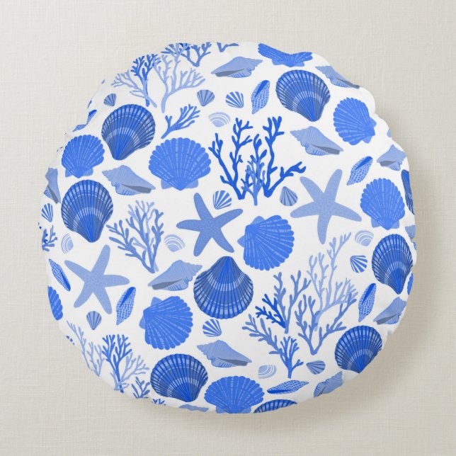 Blue Seashells and Coral Pattern  Round Cushion (Front)