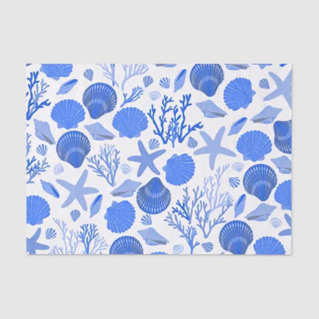 Blue Seashells and Coral Pattern  Tissue Paper (Front)