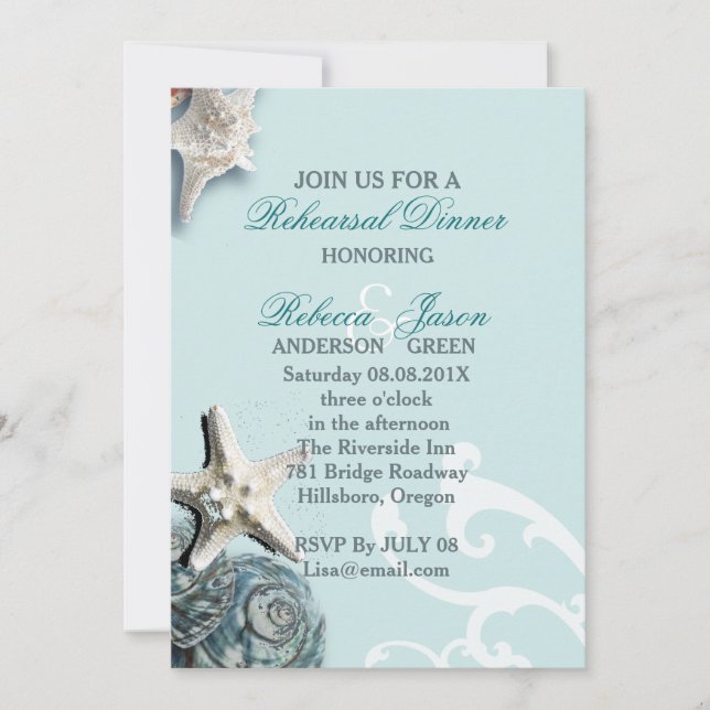 BLue Seashells Beach Wedding rehearsal dinner Invitation (Front)