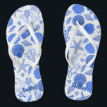 Blue Seashells Bridesmaid Gift CUSTOMIZE IT  Flip Flops<br><div class="desc">Cute pattern featuring colourful design, handmade by me! Perfect for a bridesmaid gift! Click "personalise" above to edit it to add a name, initials or other text. Then click "edit using design tool" to change colours, fonts, placement and more. Check out more of my patterns and items in my shop....</div>