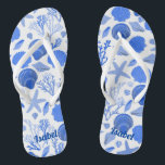 Blue Seashells Bridesmaid Gift CUSTOMIZE IT  Flip Flops<br><div class="desc">Cute pattern featuring colourful design, handmade by me! Perfect for a bridesmaid gift! Click "personalise" above to edit it to add a name, initials or other text. Then click "edit using design tool" to change colours, fonts, placement and more. Check out more of my patterns and items in my shop....</div>