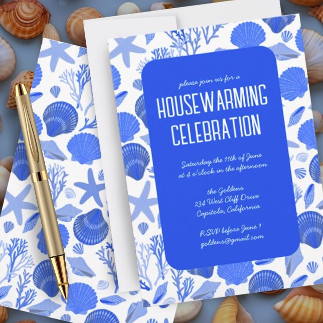 Blue Seashells Chic Beach Housewarming Party Invitation (Custom housewarming party invitation with a blue and white nautical ocean seashell pattern)