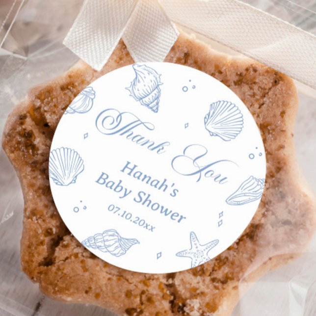 Blue Seashells Coastal Baby Shower Thank You  Classic Round Sticker (Creator Uploaded)