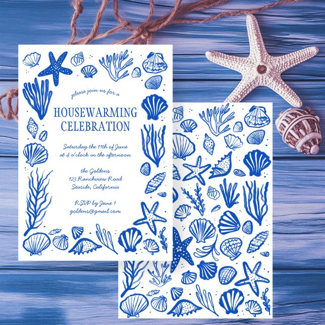 Blue Seashells Custom HOUSEWARMING PARTY Invitation (Beach Blue Seashells Custom HOUSEWARMING PARTY New Home Address Party Invitation
)