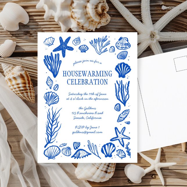 Blue Seashells Custom HOUSEWARMING PARTY Invite Postcard (Blue Seashells Custom HOUSEWARMING PARTY New Home New Apartment Postcard Beach Blue White Chic
)