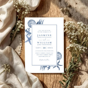 Blue Seashells Marine Ocean Beach QR Code Wedding Invitation