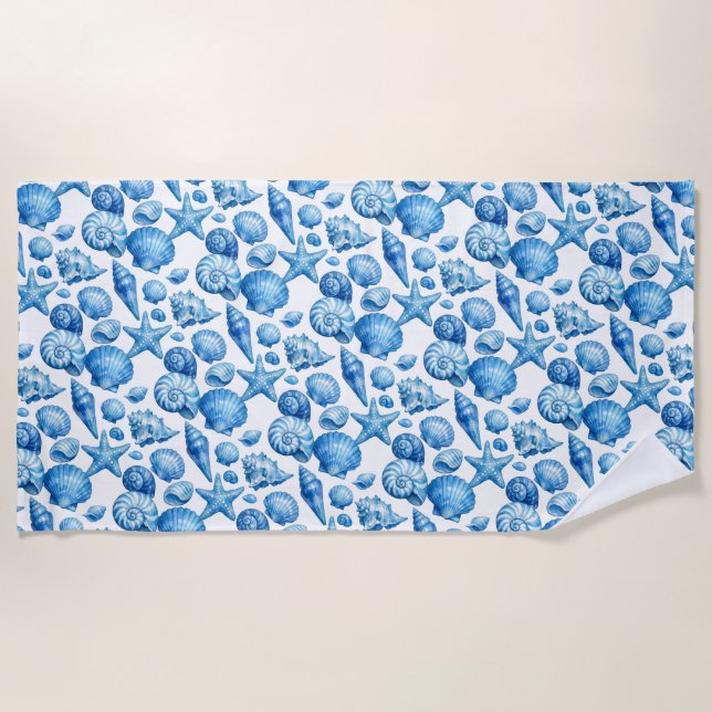 Blue Seashells. Nautical.  Beach Towel (Front)