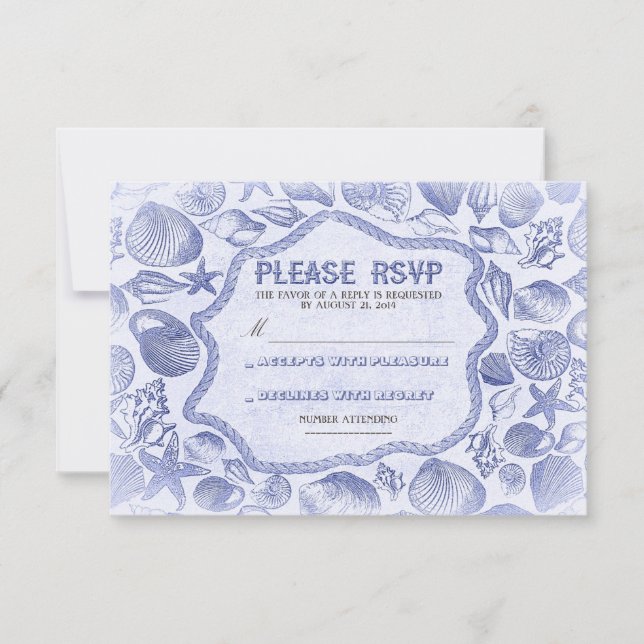 blue seashells nautical beach wedding RSVP card (Front)