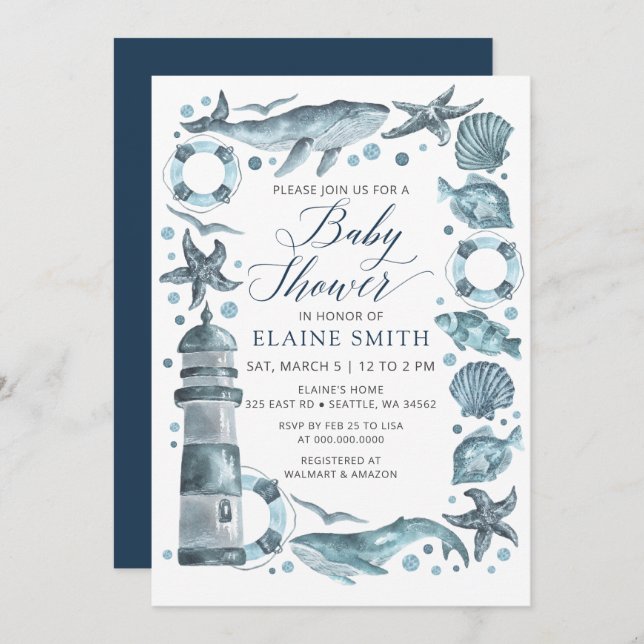 Blue Seashells Ocean Sea Beach Baby Shower Invitation (Front/Back)