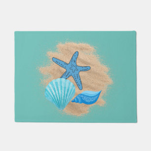Blue Seashells on Sand Green Background Doormat