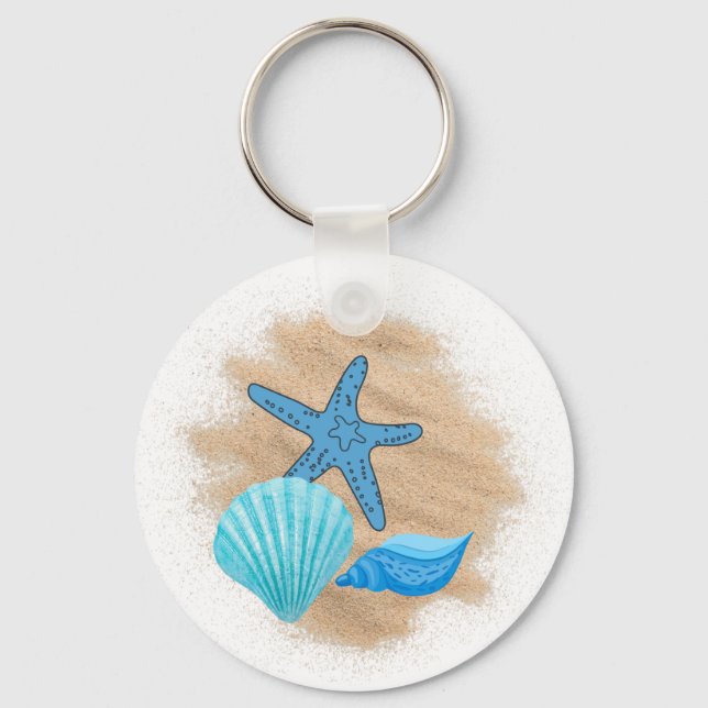 Blue Seashells on the Beach Tote Bag Key Ring (Front)