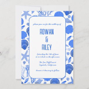 Blue Seashells Pattern Chic Beach Wedding Party  Invitation