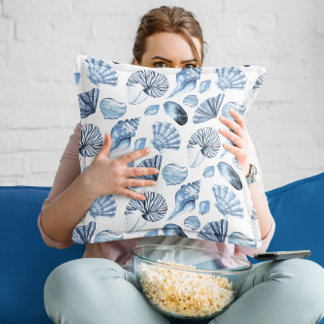 Blue Seashells Pattern on White Beach House Cushion