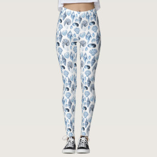 Blue Seashells Pattern on White Leggings