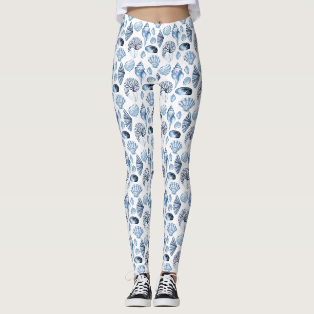 Blue Seashells Pattern on White Leggings (Front)