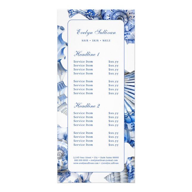 Blue seashells price list rack card (Front)
