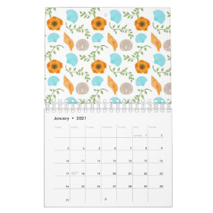 Blue Seashells Sea Snail Orange Flower Calendar
