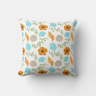 Blue Seashells Sea Snail Orange Flower Cushion
