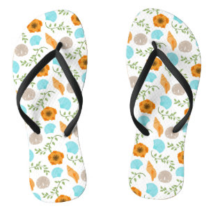 Blue Seashells Sea Snail Orange Flower Flip Flops