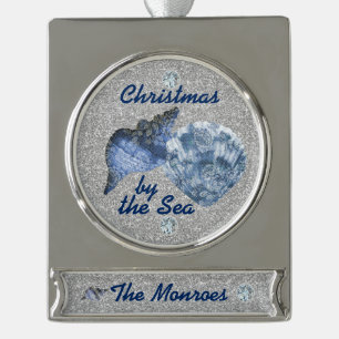 Blue Seashells Silver Faux Glitter Xmas by the Sea Plated Banner Ornament