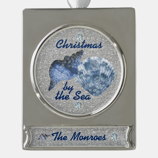 Blue Seashells Silver Faux Glitter Xmas by the Sea Silver Plated Banner Ornament (Front)