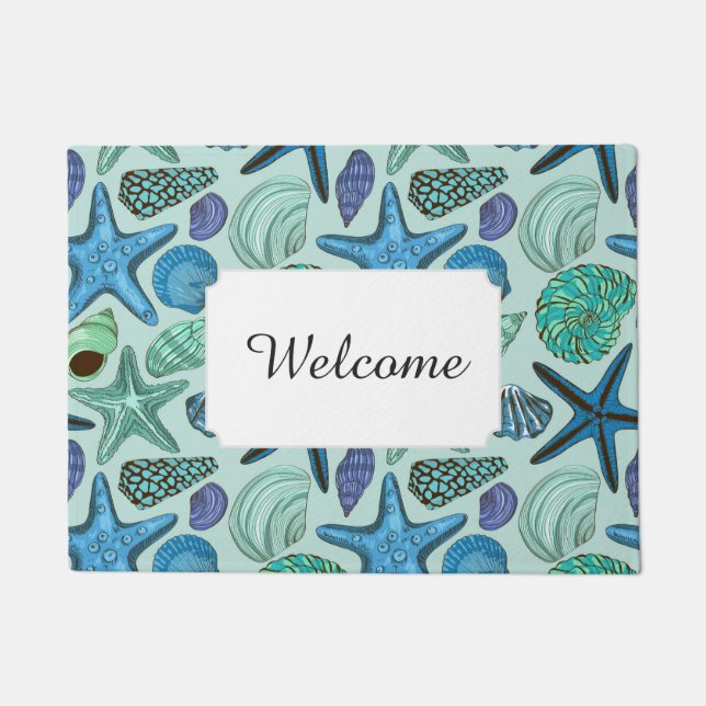 Blue Seashells & Starfish Pattern | Add Your Text Doormat (Front)