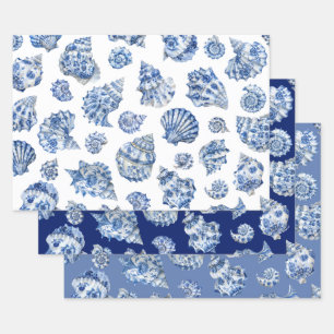 Blue seashells wrapping paper sheets